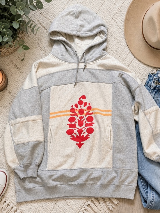 FP Movement by Free People Tops - FP Movement by Free People Light Gray Hoodie with Red Graphic and Orange Stripes